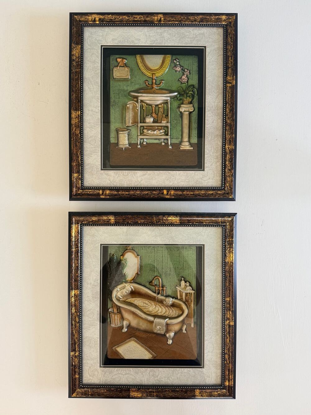 Vintage 3D Bathroom Wall Art, Shadow Box Decor, Framed Sink & Tub Scenes, 2pk